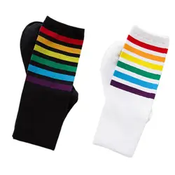 Women Girls Cotton Rainbow Colorful Striped Knee High Socks Autumn Breathable Ribbed Knit Stay Up Sports Tube Hosiery Stockings Women Girls Cotton Rainbow Colorful Striped Knee High Socks Autumn Breathable Ribbed Knit Stay Up Sports Tube Hosiery Stockings