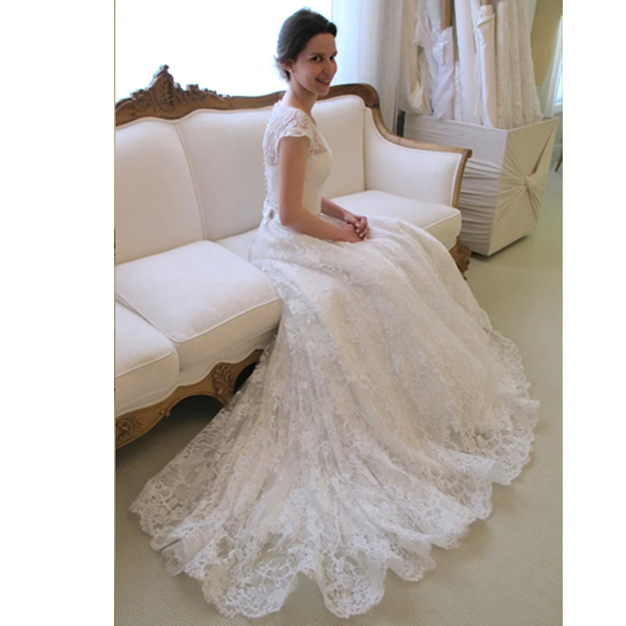 Кепки рукавом О средства ухода за кожей шеи с бантом vestido de noiva Пояс кушак линии Простой Элегантное кружево цвета слоновой кости свадебное платье Мать невесты платья
