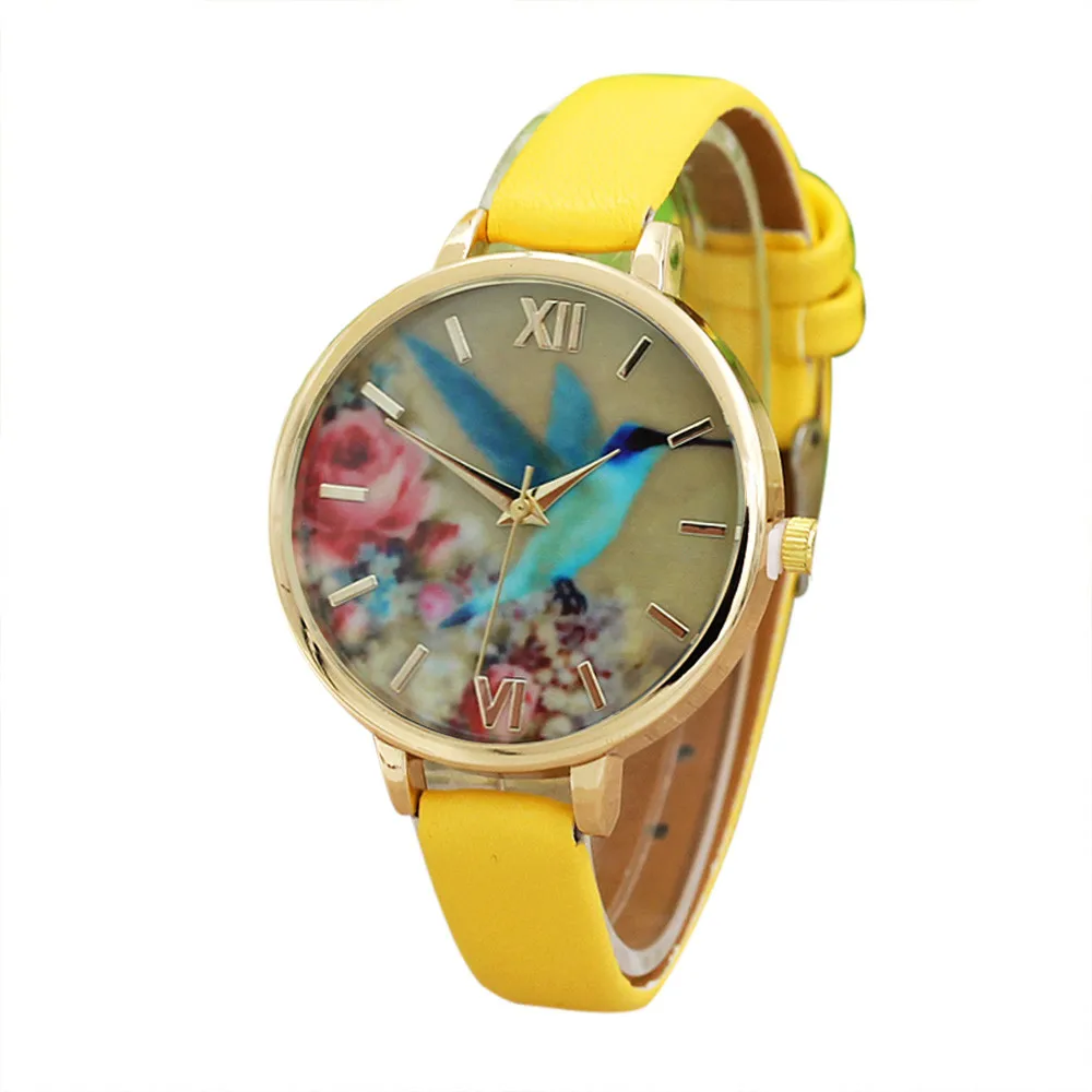 Синий Hummingbird женский тренд девушка студентов кожаный ремешок для часов Аналоговые кварцевые наручные часы kol saati bayan zegarki* L - Цвет: Цвет: желтый