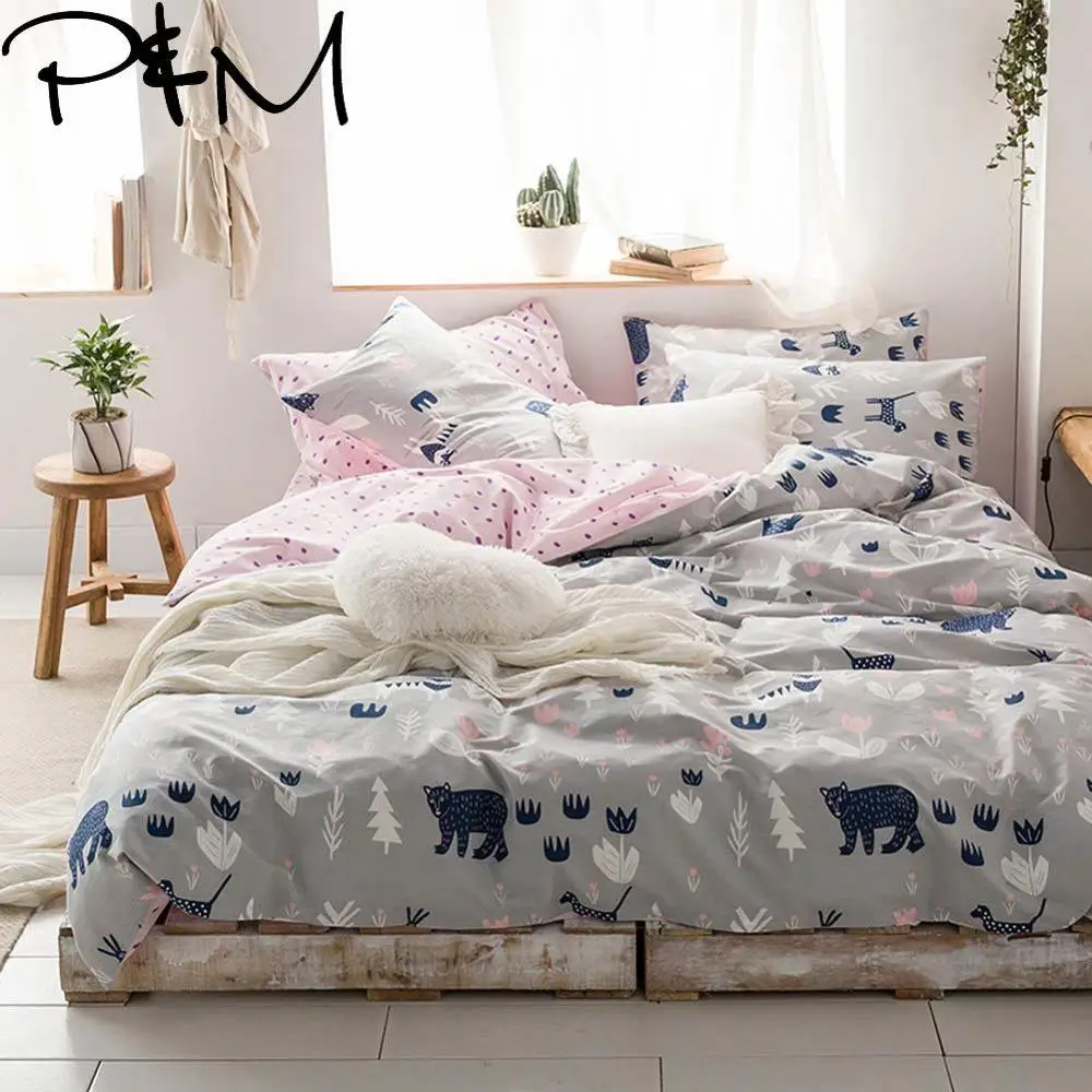 

Papa&Mima Bear in the forest print fashion style cotton Queen Twin size bedding set duvet cover flat sheet pillowcases