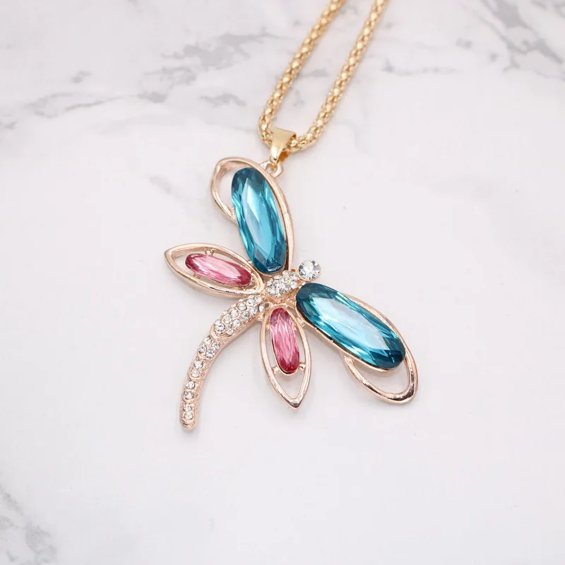 

Vintage Crystal Dragonfly Necklace For Women Collar Dragonfly Pendant Jewelry accessories enamel Sweater Chain Necklaces