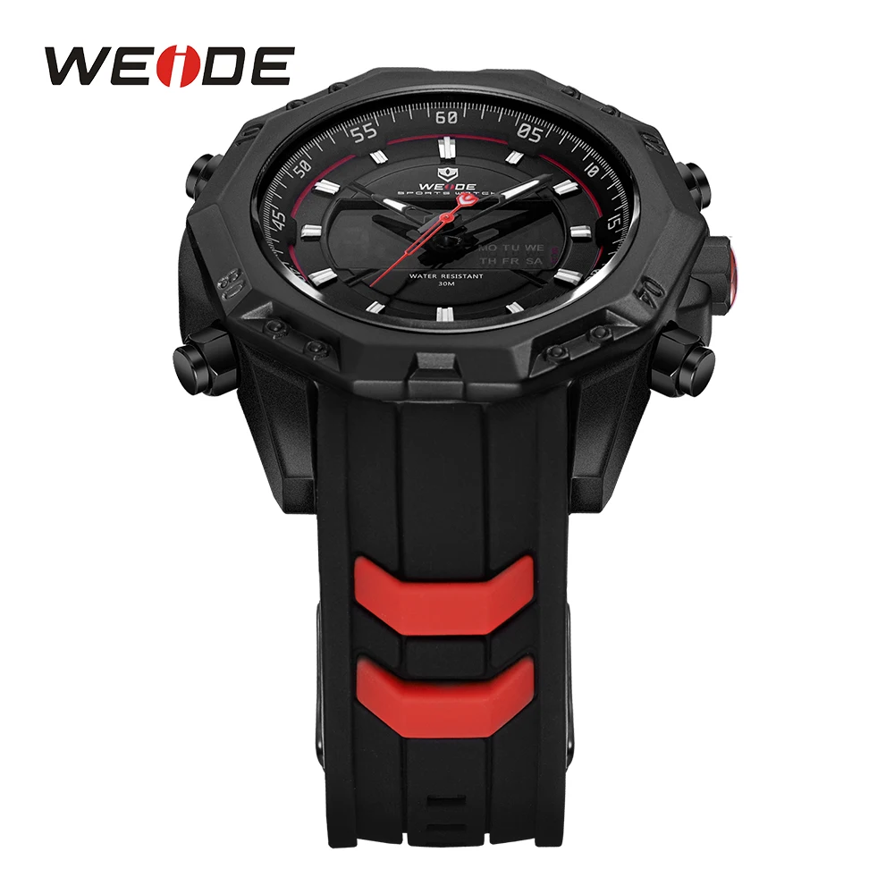 WEIDE Часы Мужчины LCD Аналоговый Цифровые Задняя Подсветка Японский Механизм MIYOTA Оригинальная Батарея Хардлекс Негабаритный Циферблат Силиконовый Ремешок Кварцевые Водонепроницаемые Черные Наручные Мужские Часы