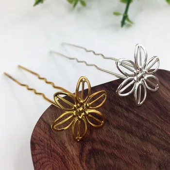 

SEA MEW 20 PCS 75mm Flowers Hair Sticks Gold/Silver Color Copper U Shape Hair Pins Base Setting For Women Jewelry Making