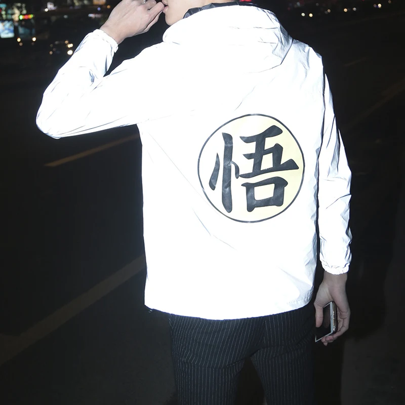

ABOORUN Men's 3M Reflective Jackets Hip Hop Chinese Characters Printed Jackets Fashion Windbreaker Waterproof for Male R911
