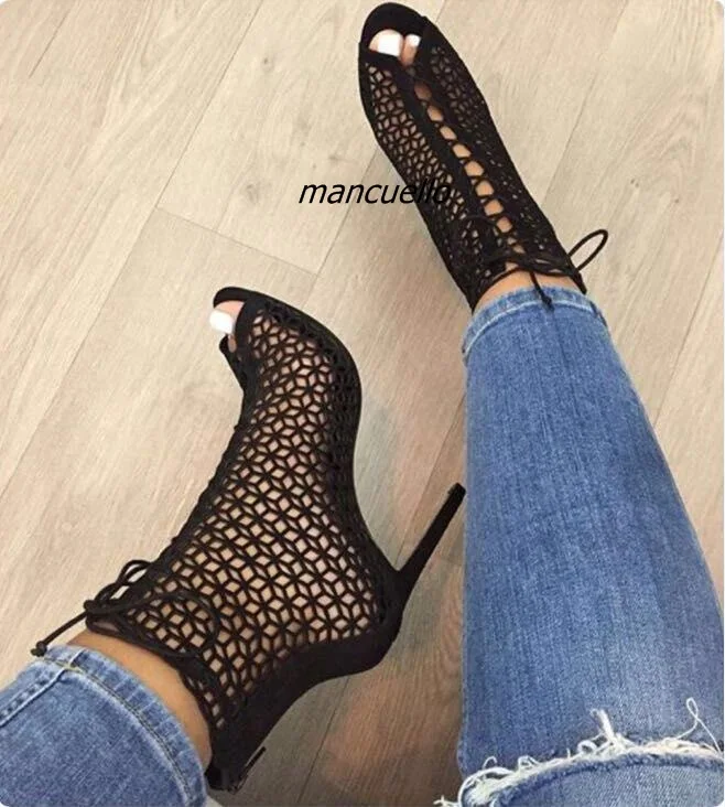 

Fancy Cut-out Thin Heel Lace Up Gladiator Sandals Sexy Hollowed-out Open Toe Stiletto Heel Booties Women Dress Shoes New Design