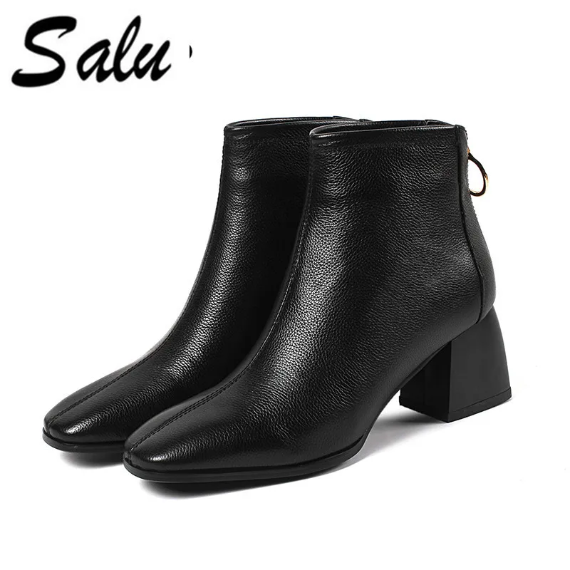 Salu Fashion Women High Heels Genuine Cow Leather Ankle Boots Zipper black Winter Warm Full Grain Leather Shoes