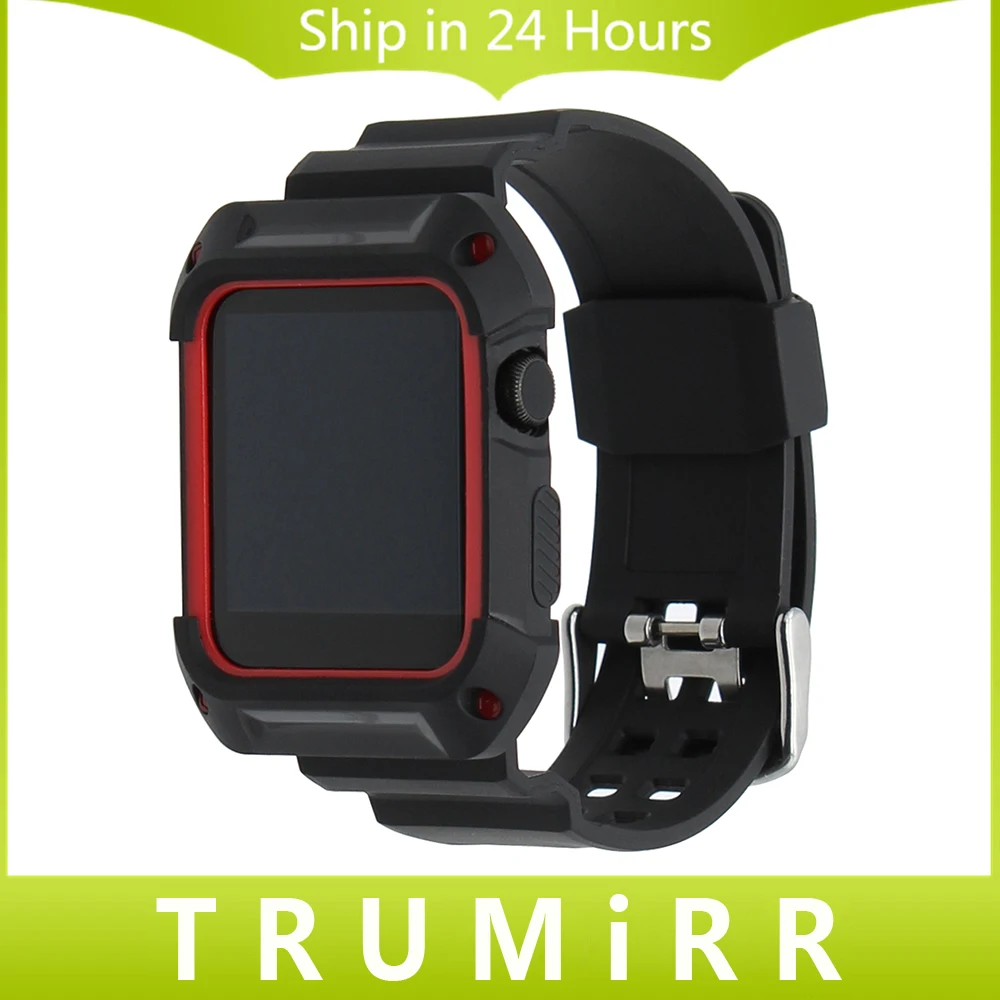 TPU Rubber Watchband with Protective Case for 38mm 42mm iWatch Apple Watch Band Wrist Strap Bracelet