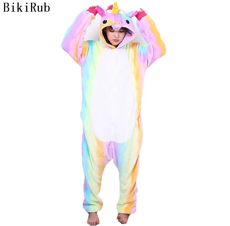 BIKIRUB Kigurumi Pajamas Flannel Sleepwear Cute Unicorn Pegasus Cartoon Animal Pajama Set Women Hooded Pyjamas Winter Home Wear