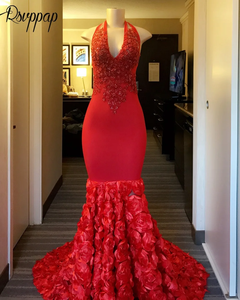 

Gorgeous Red Mermaid Prom Dresses 2020 Sleeveless Beaded Lace Halter African Black Girl Flowers Party Long Prom Gowns Dress