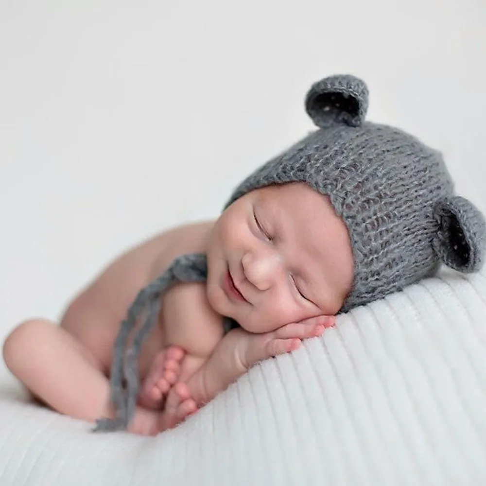 Хлопковая шапка с ушками медведя для новорожденных 0-June, новая детская шапка ручной работы, Мягкая шерстяная шапка, реквизит для фотосессии новорожденных, 6 цветов - Цвет: Серый