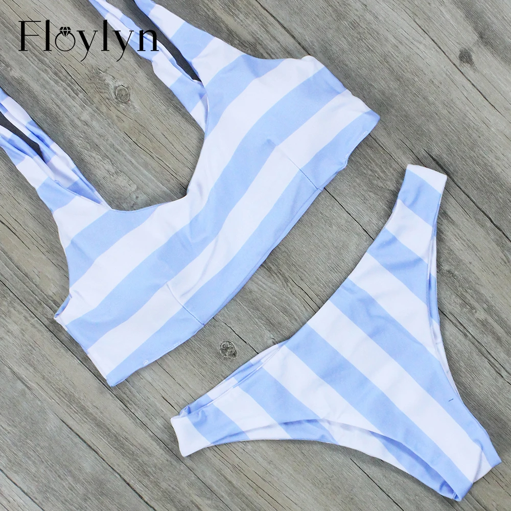 

Floylyn Skyblue Striped Bikinis Women Push Up Swimwear Halter Sexy Swimsuits 2017 Hot Sexy Swimming Suit