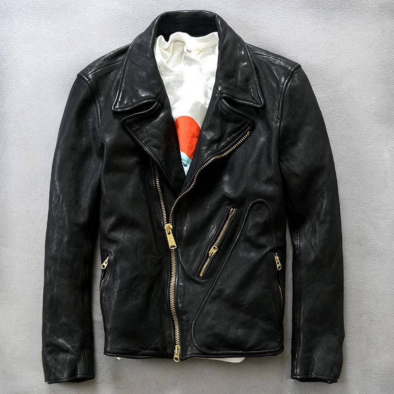 Новинка, мужская куртка из натуральной кожи, облегающая, овечья кожа, мужская мода, мотоциклетная кожаная куртка, Мужское пальто на осень и зиму - Цвет: Black