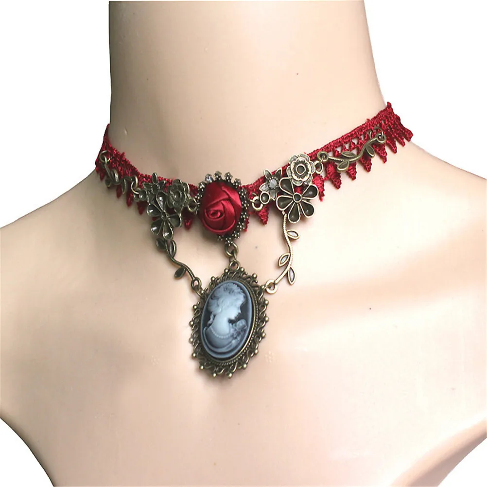 Стильный винтажный стильный Камея красная роза Кружева модное ожерелье-чокер ювелирные изделия Женщины Подарок Рождественские Чокеры с подвеской ожерелье s#20