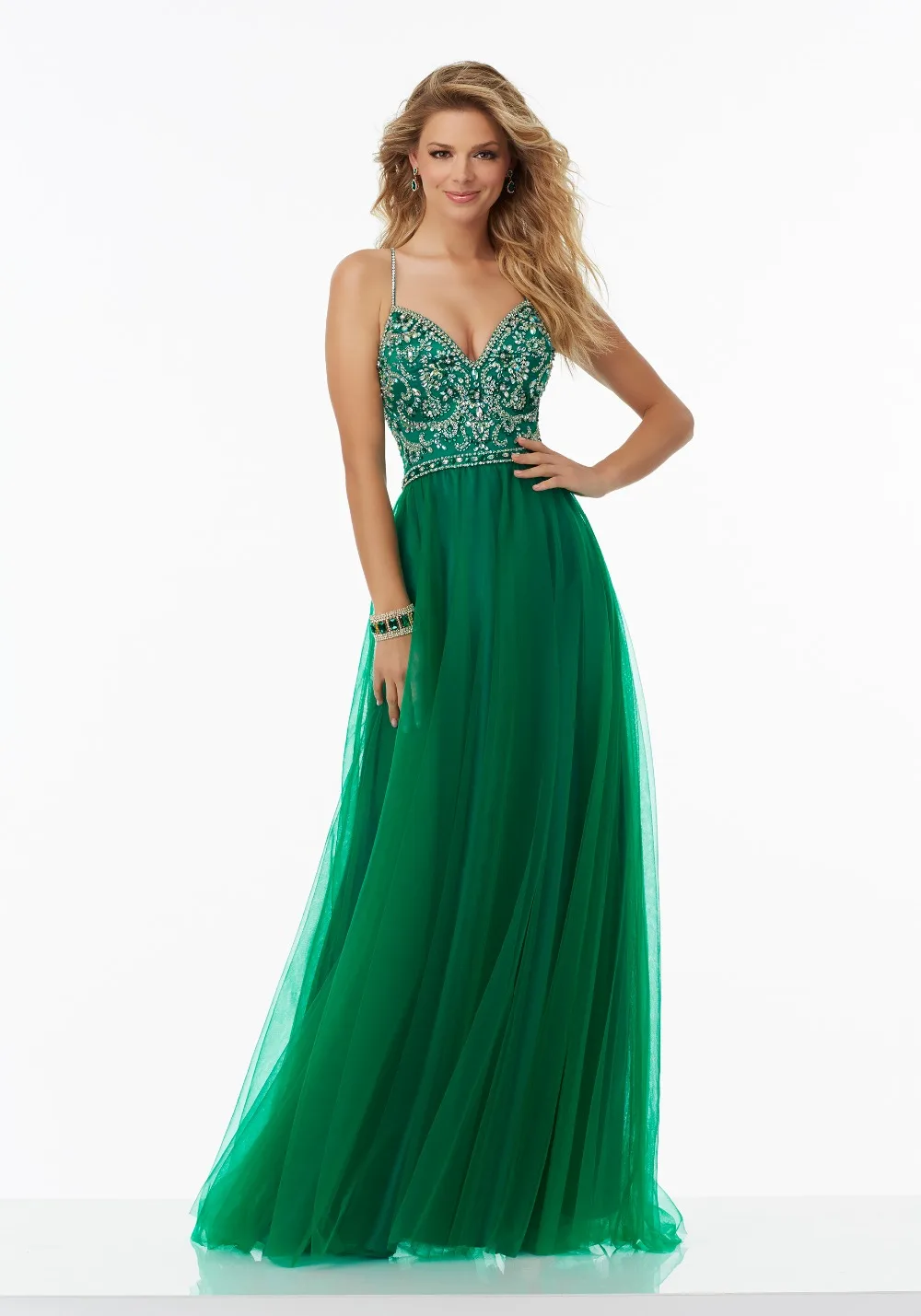 Vestido de Festa A Line Tulle Green Prom Dress Bead Bodice