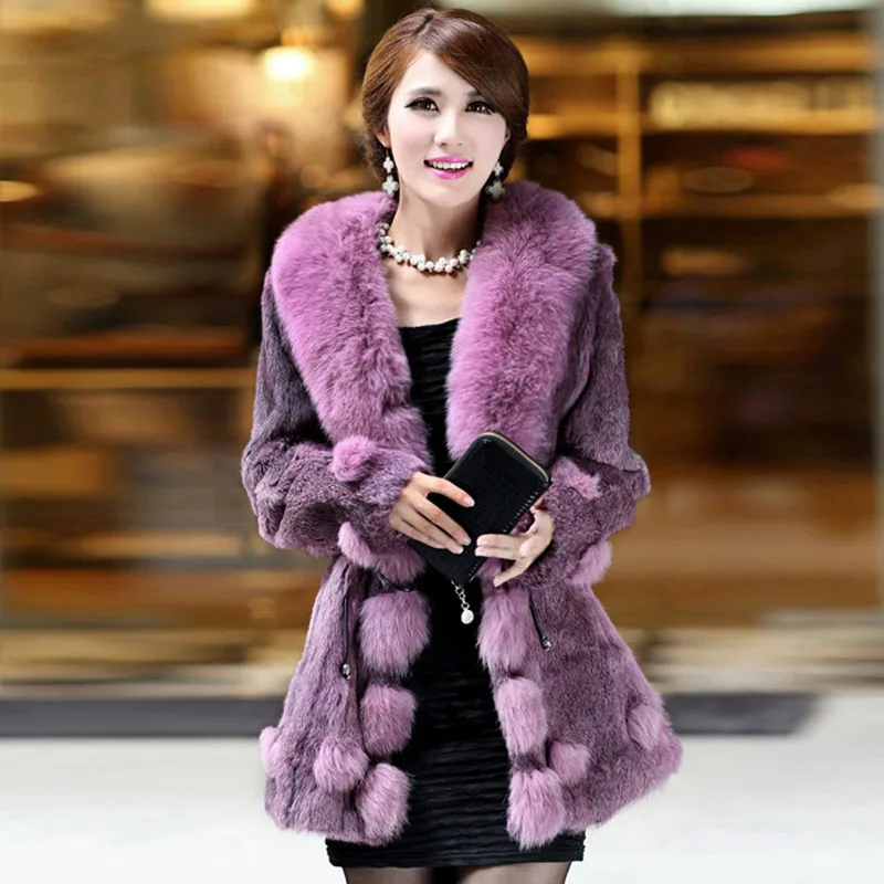 2016 Autumn and Winter Women s Genuine Real Rabbit Fur Coat with Fox Fur Collar Female