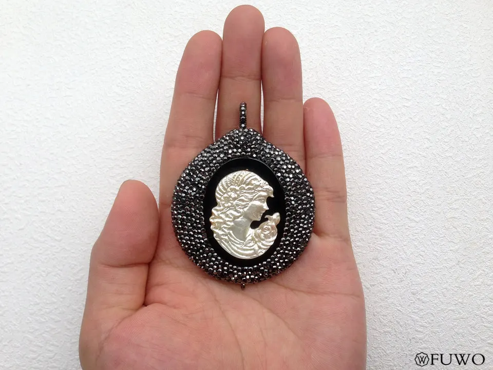 Pave Rhinestone Bead Virgin Mary Shell Pendant 12