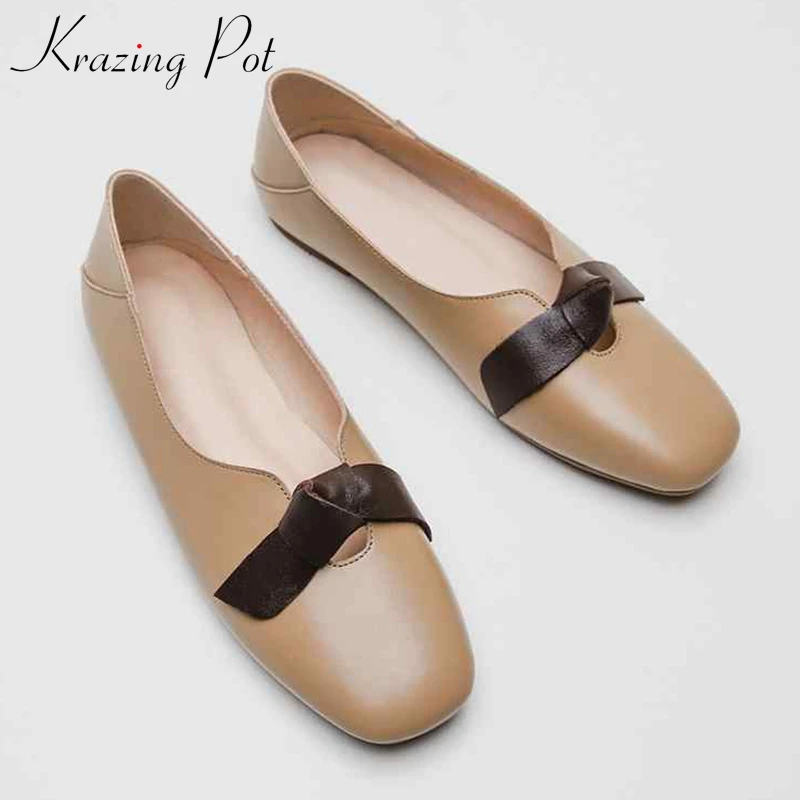 

Krazing Pot new full grain leather square toe flats European design brand bowtie fashion pregnant concise simple style shoes L17
