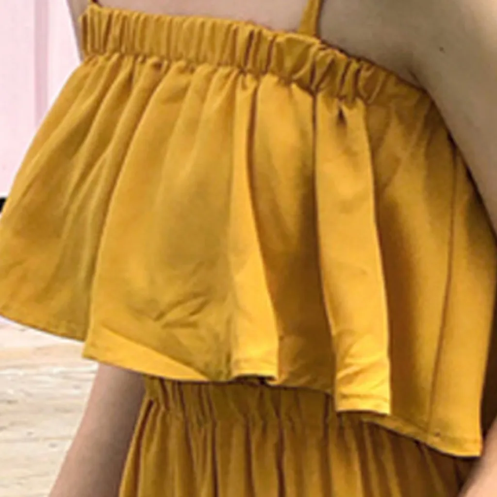 Модный женский костюм летний однотонный комбинезон с оборками на тонких