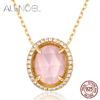 

ALLNOEL 925 Sterling Silver Pendants Necklace For Women Natural Gemstone Real Rose Quartz Pink Stone Fine Jewelry Wedding Chains