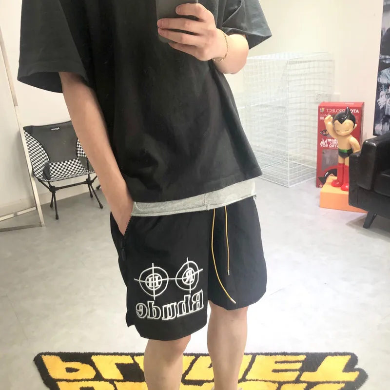 70% OFF 2019 RHUDE Neon Target Shorts Summer Loose NYLON Men Hip Hop Wade RHUDE Shorts Drawstring zipper Green White Print Mesh Trousers