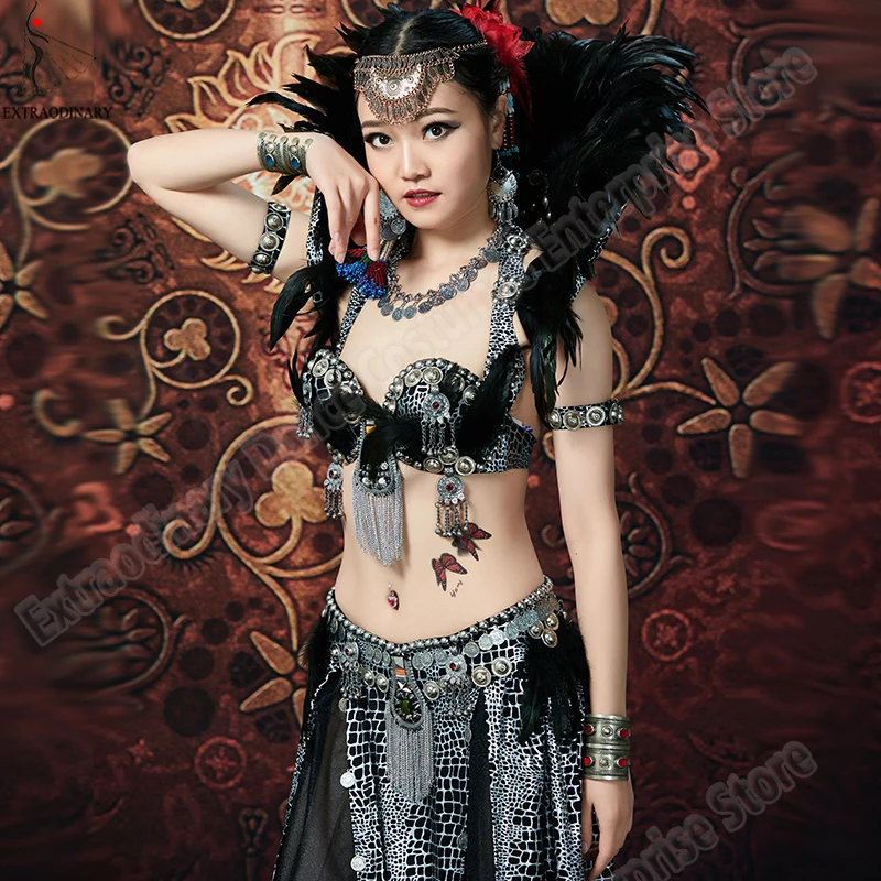 

New Women Gypsy Bra Belly Dance ATS Tribal Costume Suit Set Bra Skirt Belt Bead Gypsy Dress Stage Performance Tribal
