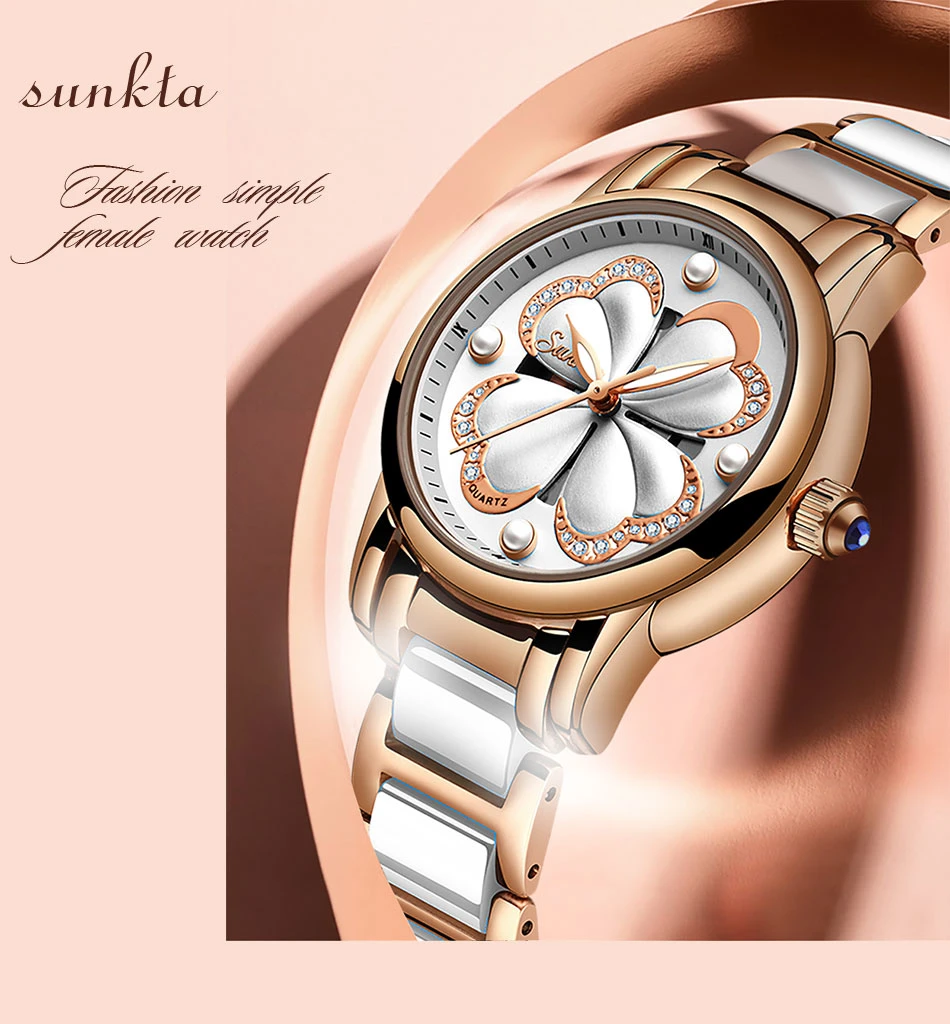 SUNKTA брендовые модные роскошные женские часы нержавеющая сталь Керамика ремень браслет Часы повседневные кварцевые Zegarek Damsk