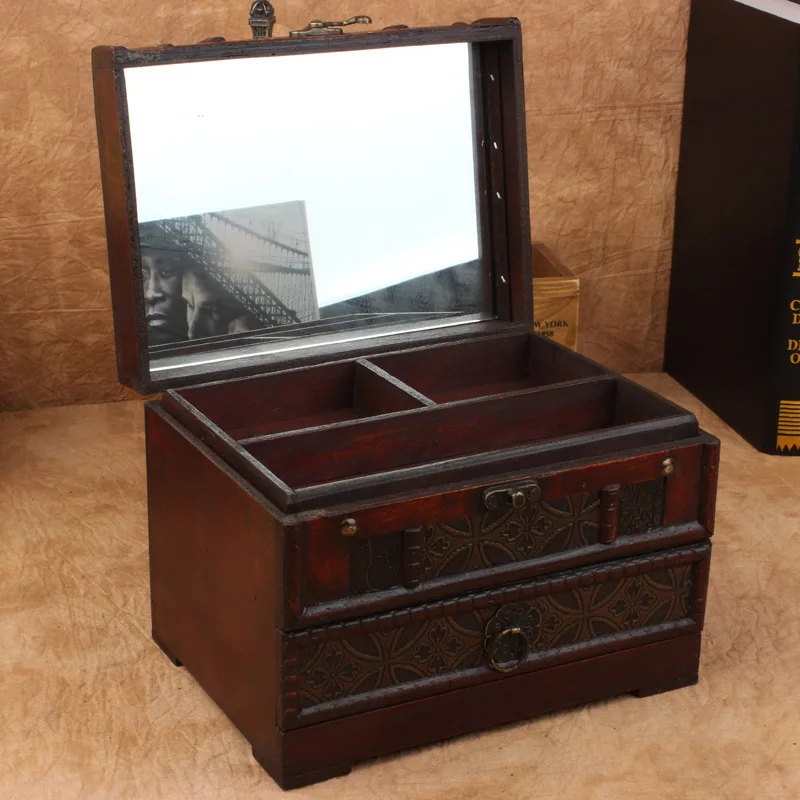 Античный деревянный ящик для туалетного столика в стиле ретро с зеркалом, шкатулка для украшений, реквизит, деревянные коробки для хранения, органайзер, коробки для настольного макияжа