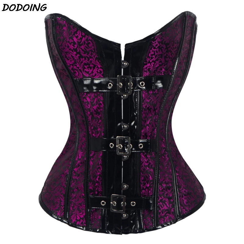 DODOING Women Purple Steampunk Gothic Overbust Print Sexy Corset Slimming Waist Cincher Trainer Bustier Floral Bodysuit Corset