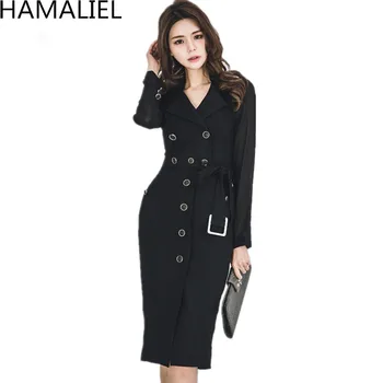 

HAMALIEL Autumn Women Korean Style Single Breasted Sheath Dress Fashion Black Chiffon Patchwork Turn Down Collar Bodycon Dress