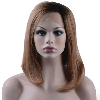 

StrongBeauty Synthetic Lace Front Wig Medium Bob Light Brown Wth Dark Root Ombre Heat Resistant Fiber Women's wigs