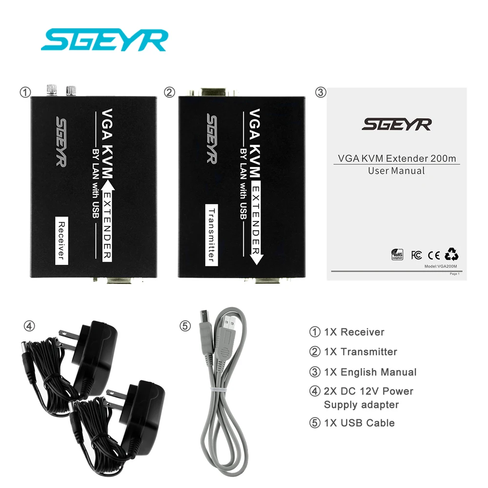 SGEYR VGA KVM Extender 200m USB KVM VGA Extender By CAT5e 6 RJ45 UTP Cable one
