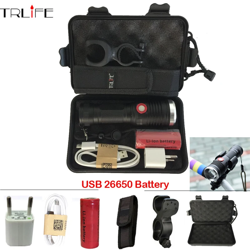 

USB LED Tactical Flashlight T6/L2 Flashlight 8000LM 26650 Battery Torch Power bicycle FlashLight Camping with USB Cable