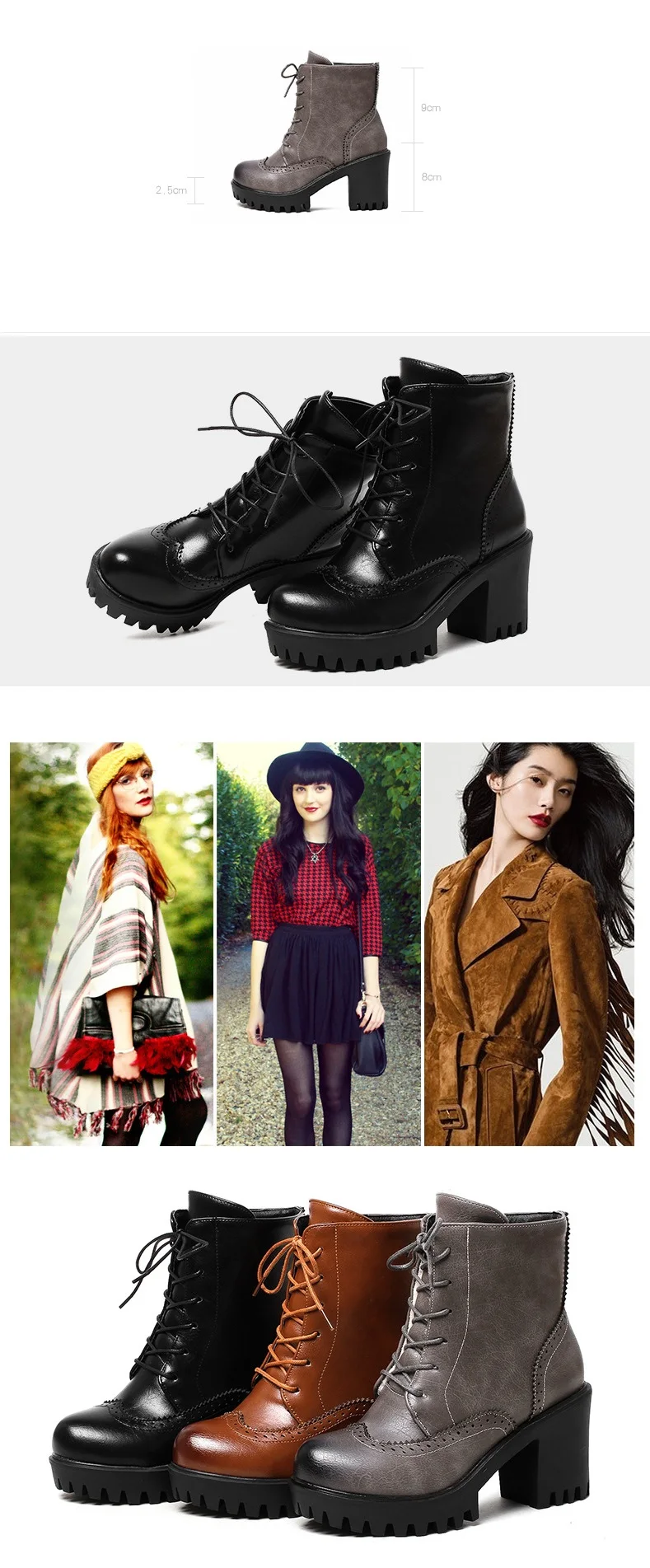 Retro Women Black Lace Up High Heeled Ankle Martin Boots Gray Brown Cheap Chunky Heel Platform Shoes 8cm0