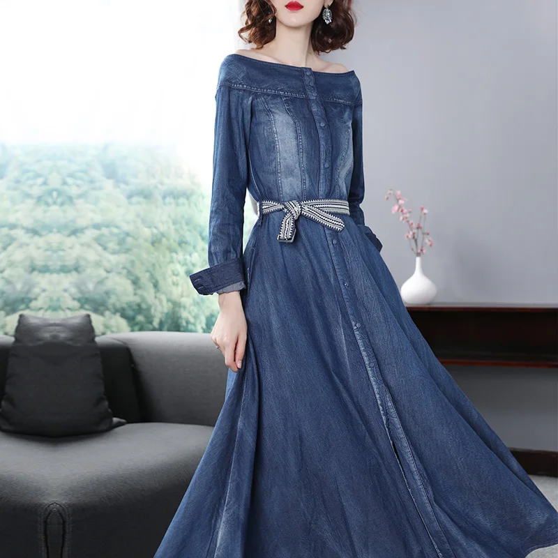 Весенне-осеннее женское платье с цветочной вышивкой с вырезом лодочкой и поясом, длинные голубые джинсы, винтажное платье длиной до щиколотки