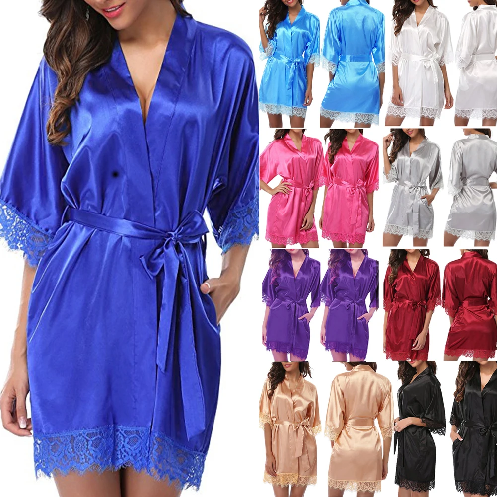 Hot Women robe Silk Satin Robes Wedding Bridesmaid Bride Gown kimono Solid robe Female Erotic Lace Sex Costume