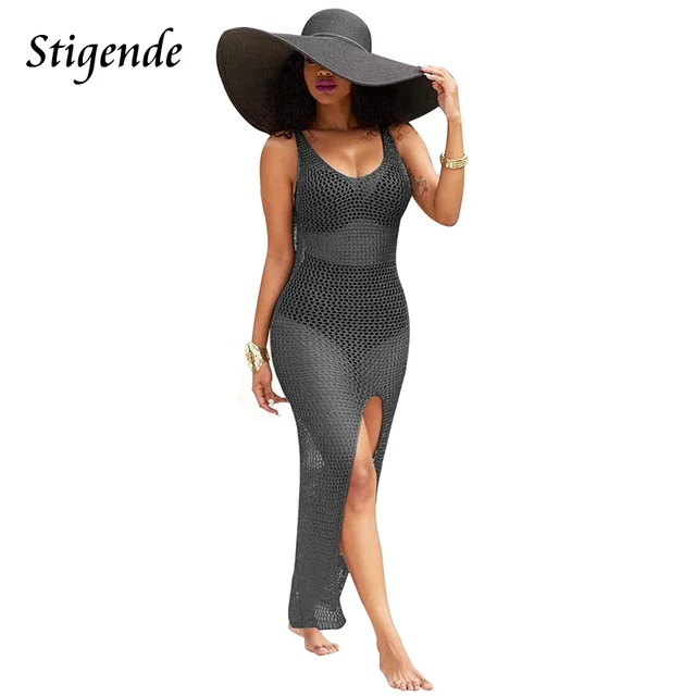Stigende Summer Beach Cover Dress Women Sexy See Through Mesh Bodycon