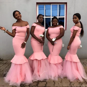 

2019 Pink Off the Shoulder Long Bridesmaid Dresses Tulle Bottom Mermaid Prom Gown Customize Maid of Honor Dress