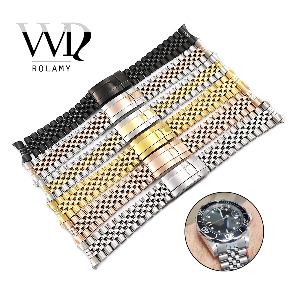 

Rolamy 19 20mm Watchbands Hollow Curved End Screw Links 316L Stainless Steel Jubilee Bracelet Band For Datejus Watch Band Strap