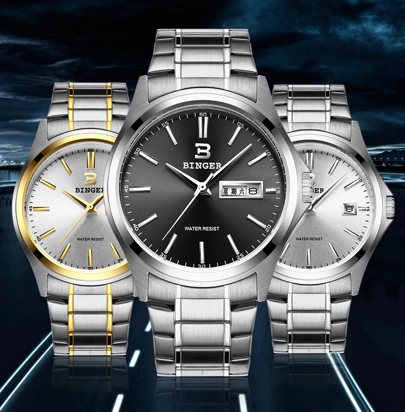 Швейцарские роскошные мужские часы бренд Бингер Кварцевые полностью из нержавеющей стали часы водонепроницаемые Полный календарь гарантия B3052A7