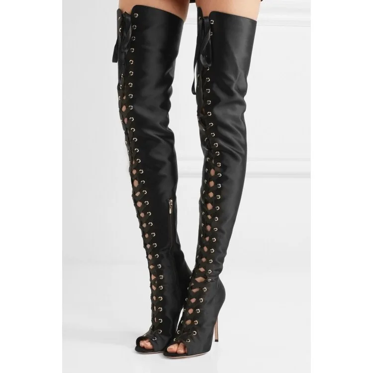 

Walking Show Black Strap Up Heels Lace Silk Boots High Heel Thigh Boots Cross Strap Large Size Sexy Female High Boots Gladiator