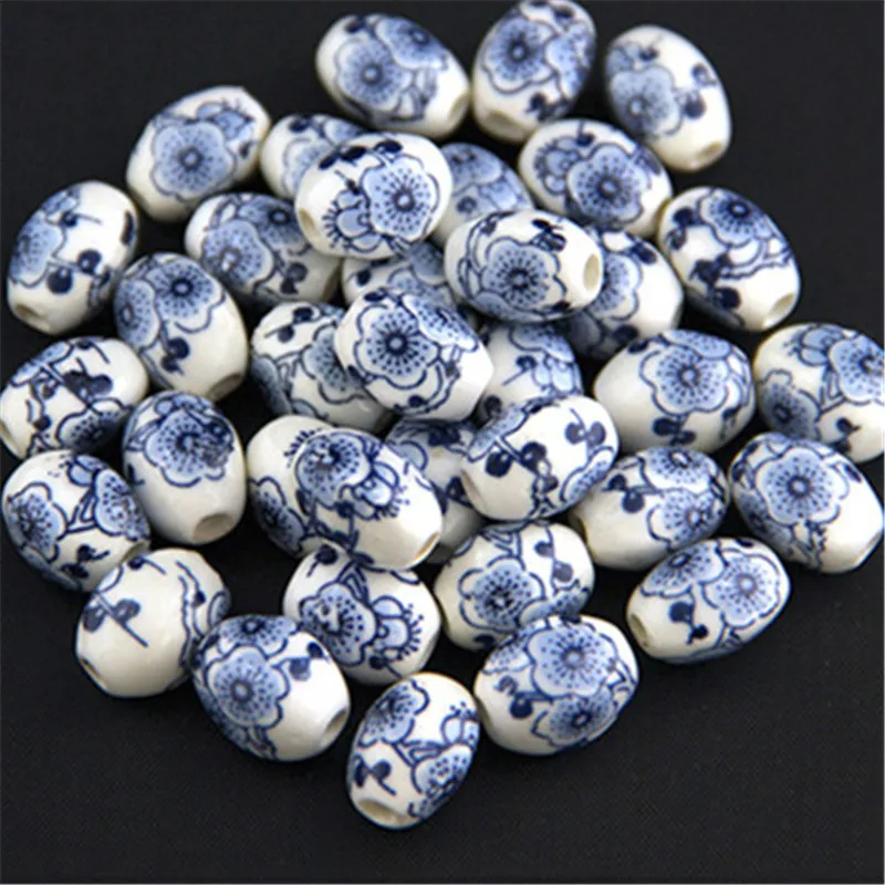

10pcs/lot 9*11*12mm Loose Oval Handmade Ceramic Beads Big Large Hole Flower Blue And White Porcelain Beads DIY Jewelry Making