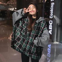 Толстовки с капюшоном толстые большого размера для женщин, с капюшоном, в стиле «пэчворк шикарный плед с рукавами «летучая мышь» в Корейском стиле; Модные женские повседневные кофты студентов