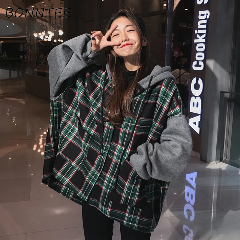 هوديس سمكا المعتاد النساء مقنعين خليط شيك منقوشة جاكيت الكورية نمط العصرية إمرأة عارضة بلوزات الطلاب