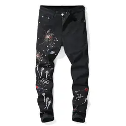 Новый стиль для мужчин S черный вышитые цветы джинсы для женщин эластичные slim fit повседневные штаны Стильный erkek giyim рок