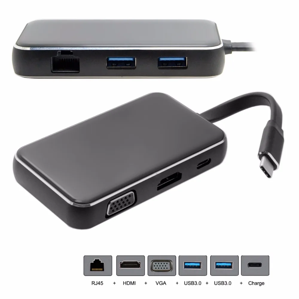 

USB-C USB 3.1 Type C to HDMI & VGA & USB HUB OTG & Ethnernet & Charge Dock Adapter for Laptop
