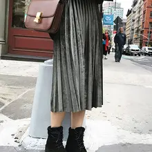 Новая женская осенняя плиссированная юбка бархатная с высокой талией винтажная Лоскутная Повседневная Женская юбка DOD886
