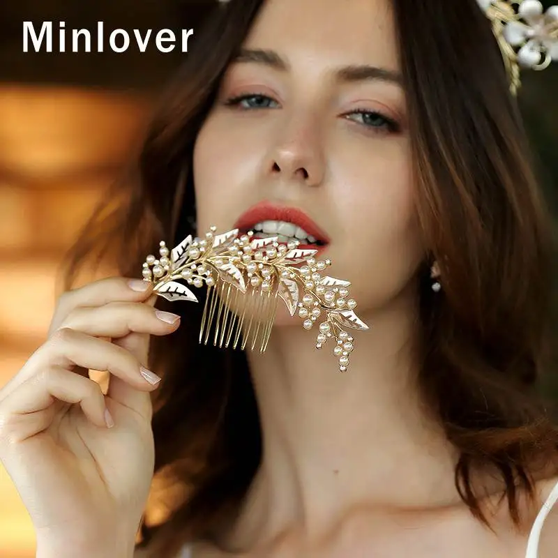 Minlover Искусственный жемчуг лист свадебные гребни для волос/шпильки свадебная