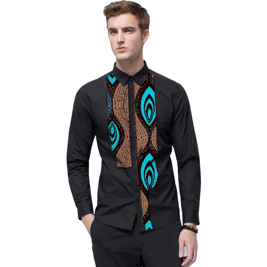 Модные Для мужчин африканская ткань Костюмы Дашики одежда батик печатных и черный хлопок лоскутное топы с длинными рукавами рубашки человека
