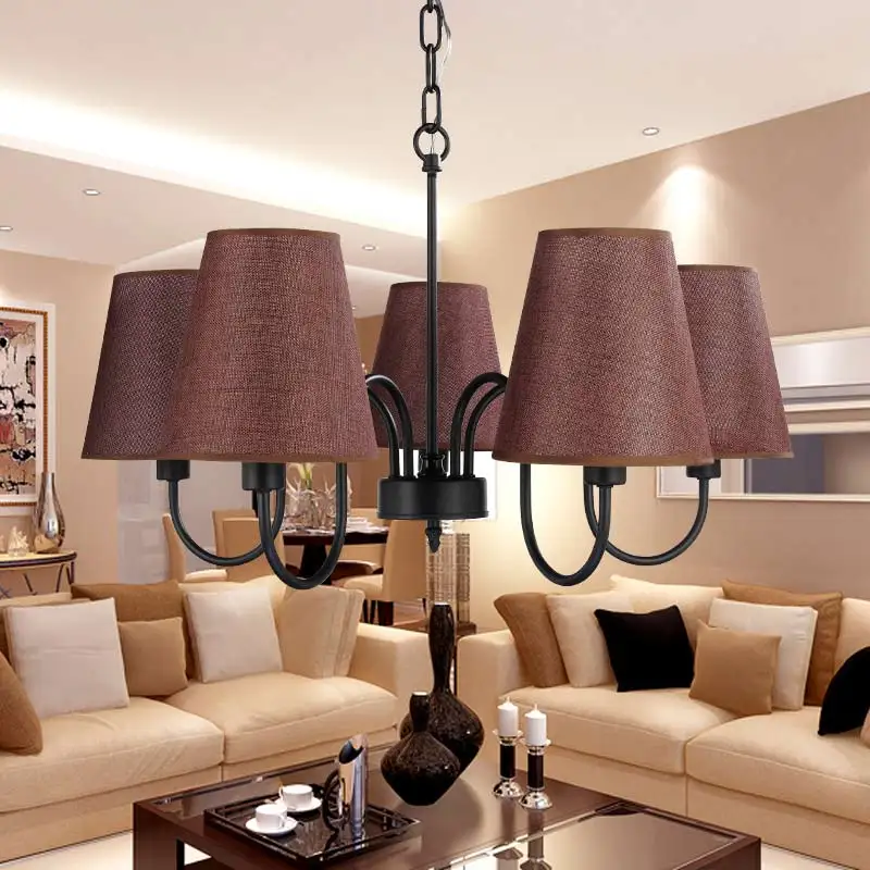 Modern Chandelier Stair Foyer Dining Room Living Room Lamp Black Iron Light Fabric Lampshade Home Lighting E14 110-240V new rope lamp modern country pendant light restaurant kitchen dining room black iron flaxen fabric lampshade decor e14 110 240v