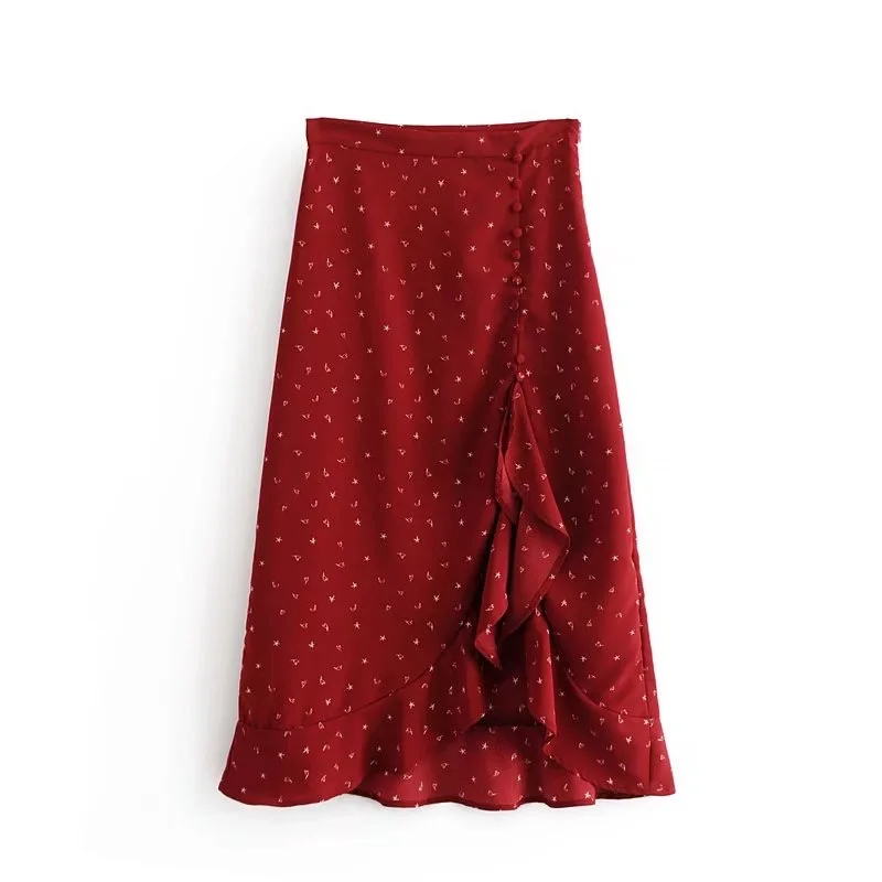 VOGUEIN новая женская мода маленькие сердца печати воланами Асимметричная миди юбка красный - Цвет: As Photo